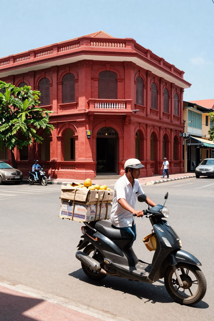 Sun-drenched Phnom Penh street scene with vintage scooter and mango tree in in Phnom Penh, Cambodia