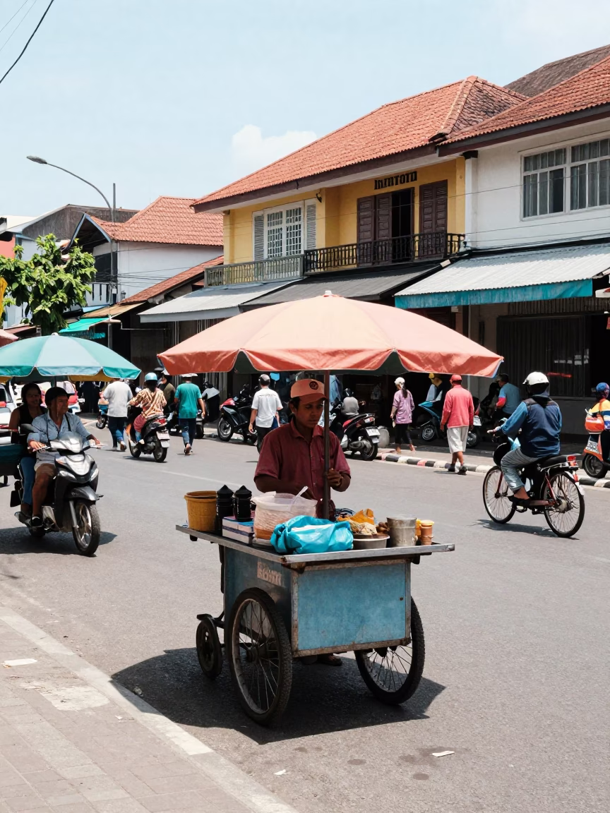Sun-drenched street scene in Denpasar Indonesia with local vendor and colorful surroundings in in Denpasar, Indonesia