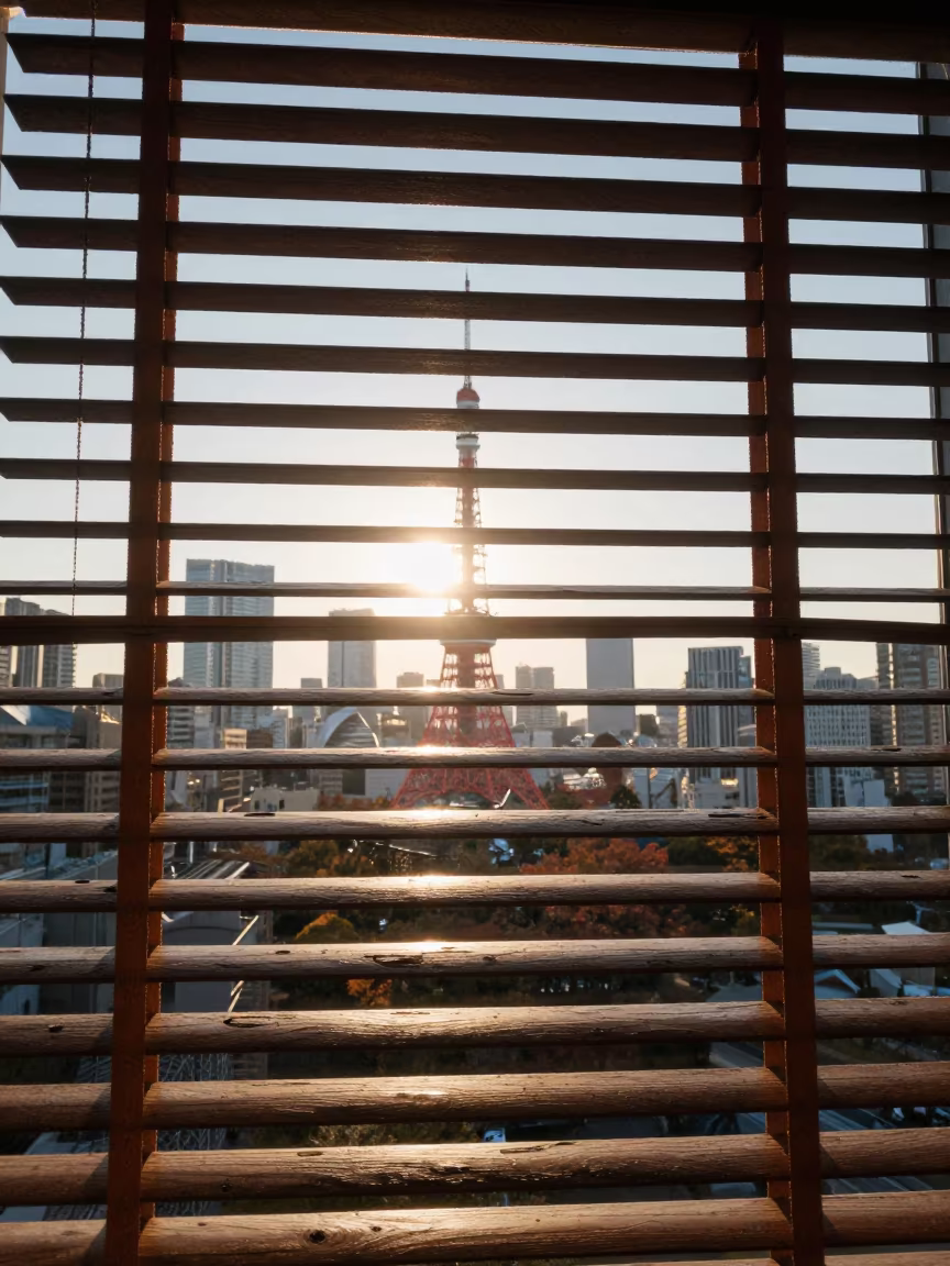 Sun flare bursts through venetian blinds dawn in near Tokyo