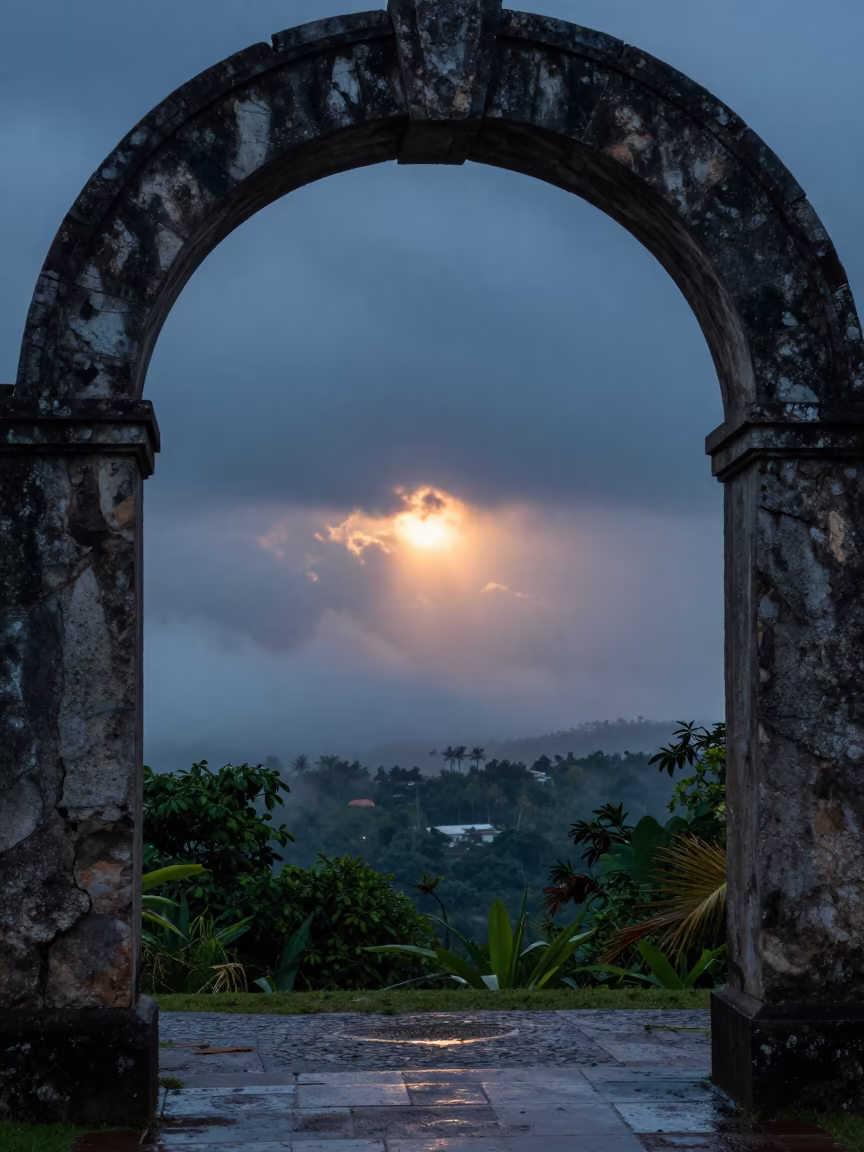 Sun Flare Through Archway Fog Honduras in through low marine fog in Honduras