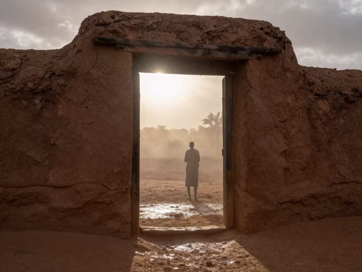 Sun flare through doorway arch Mali dawn in in Mali