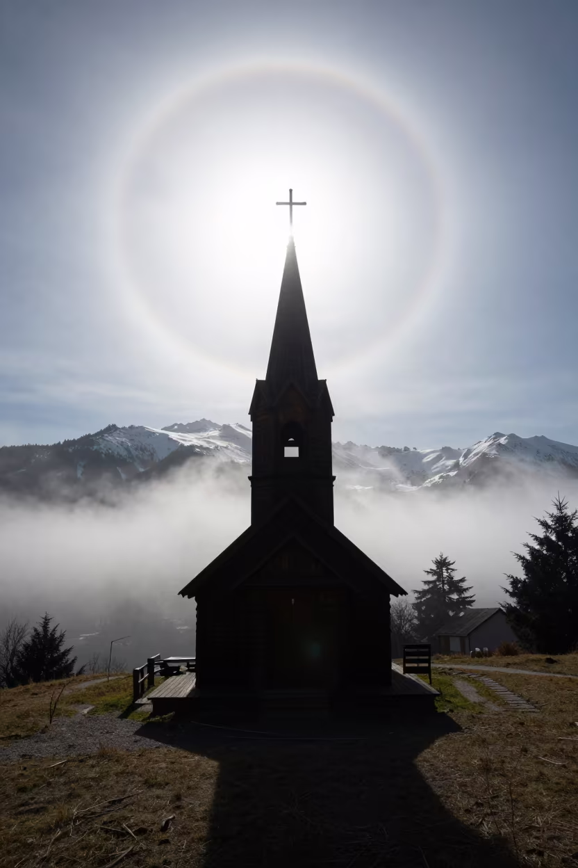 Sun Halo Over Bariloche Hilltop Church Steeple in near Bariloche