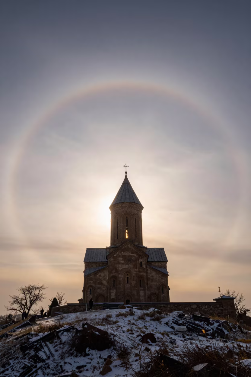 Sun Halo Around Hilltop Church Steeple in beneath fast-moving cloud bands in Azerbaijan