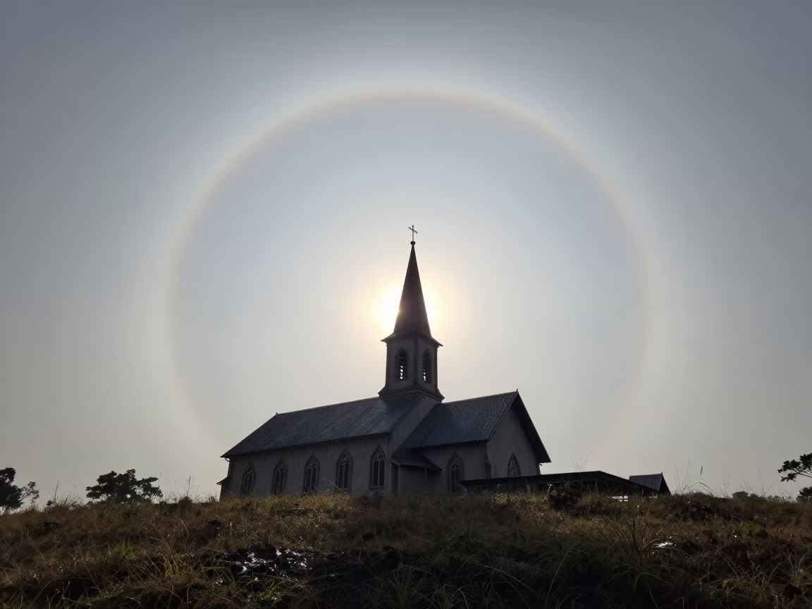 Sun Halo Around Hilltop Church Steeple Zambia in in Zambia