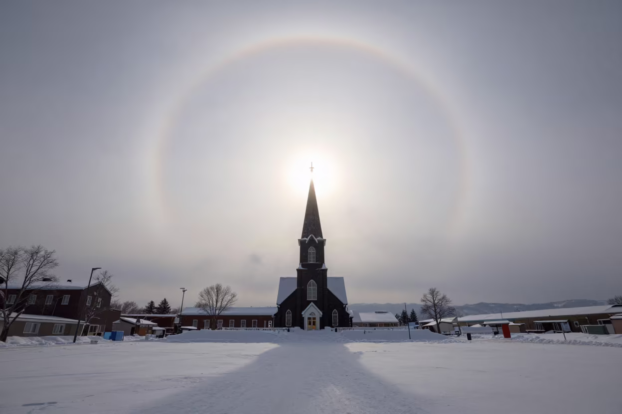 Sun Halo Over Snow Church Sapporo in across a storm-bright plain near Sapporo