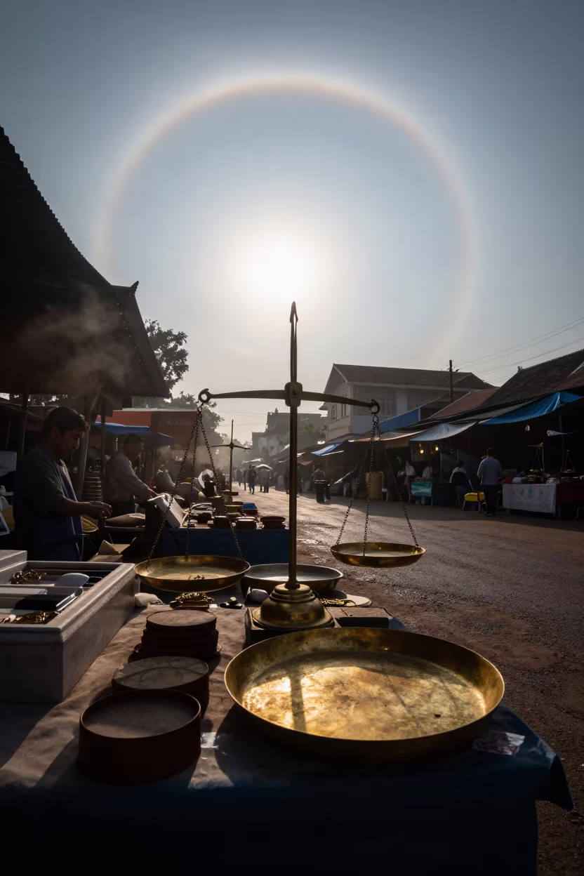 Sun Halo Over Vientiane Jeweler Stall in inside a jeweler's stall with brass scales and trays in Vientiane