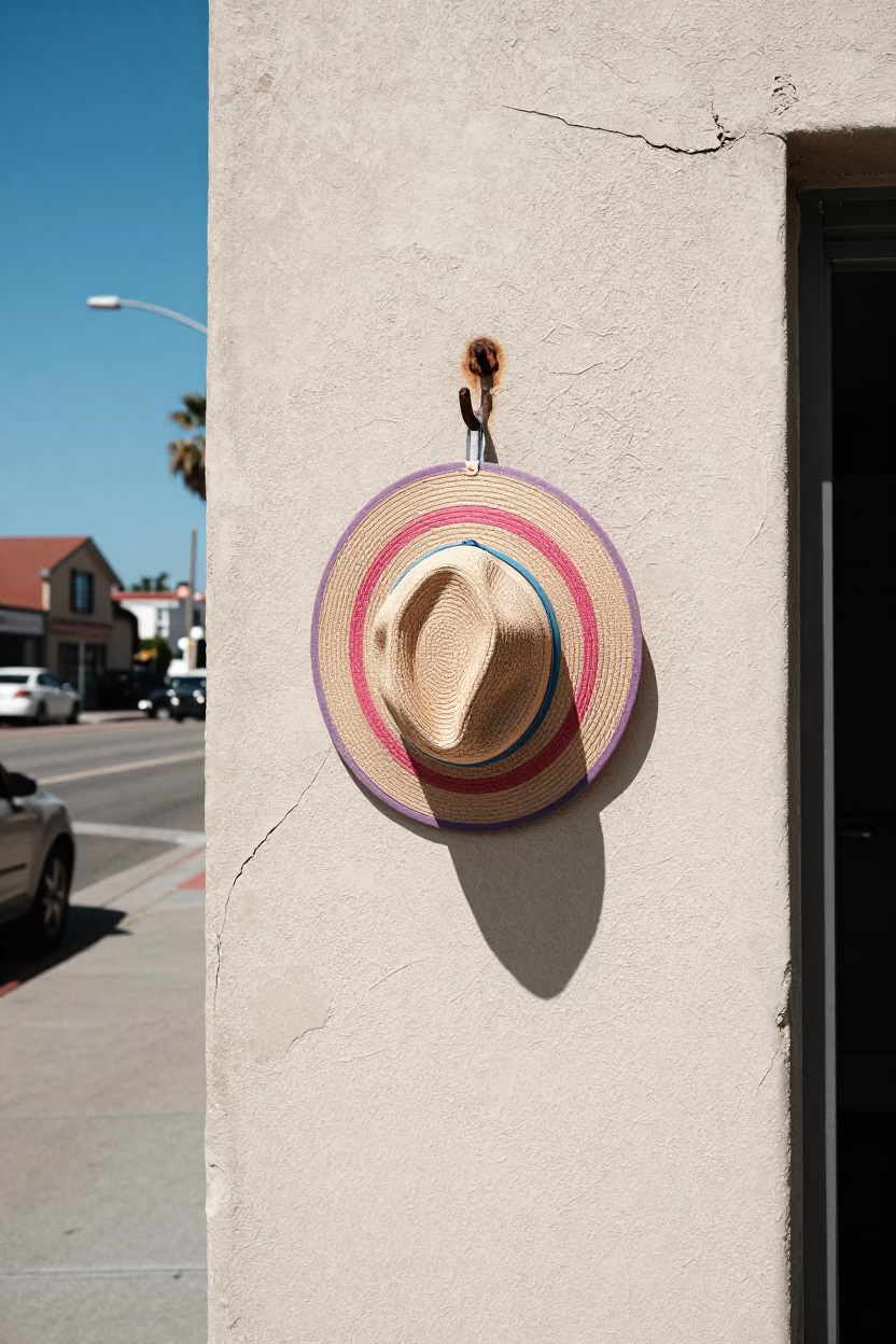 Sun Hat and Cracked Stucco in Midday San Diego California Street Scene in in San Diego, California, United States