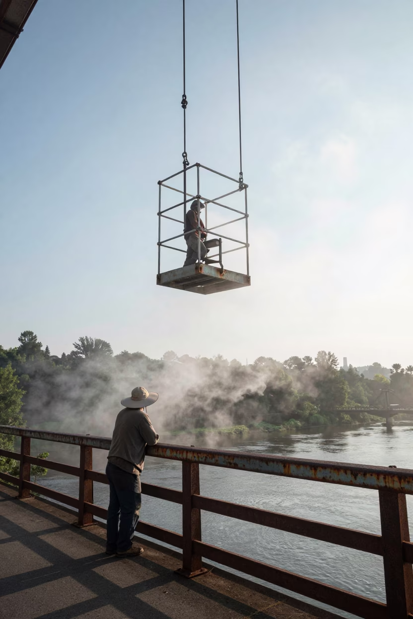 Sun Hat and Steam Haze on Portland Oregon Bridge Maintenance Cage Early Afternoon in in Portland, Oregon, United States