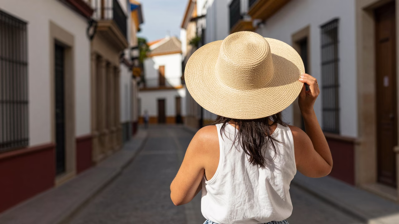 Sun Hat and Terracotta Pot on Seville Street Early Afternoon in in Seville, Spain