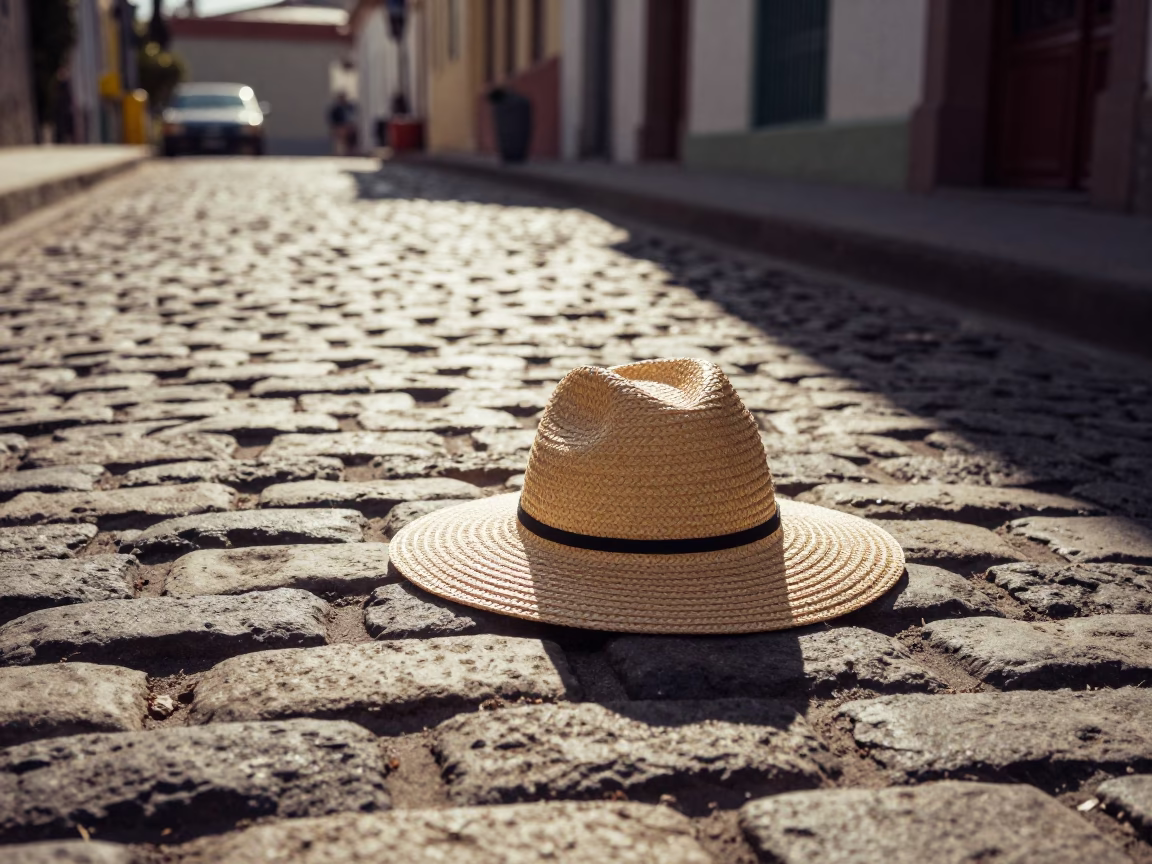 Sun Hat Resting on Cobblestones in Valparaiso Chile Late Afternoon Street Scene in in Valparaiso, Chile