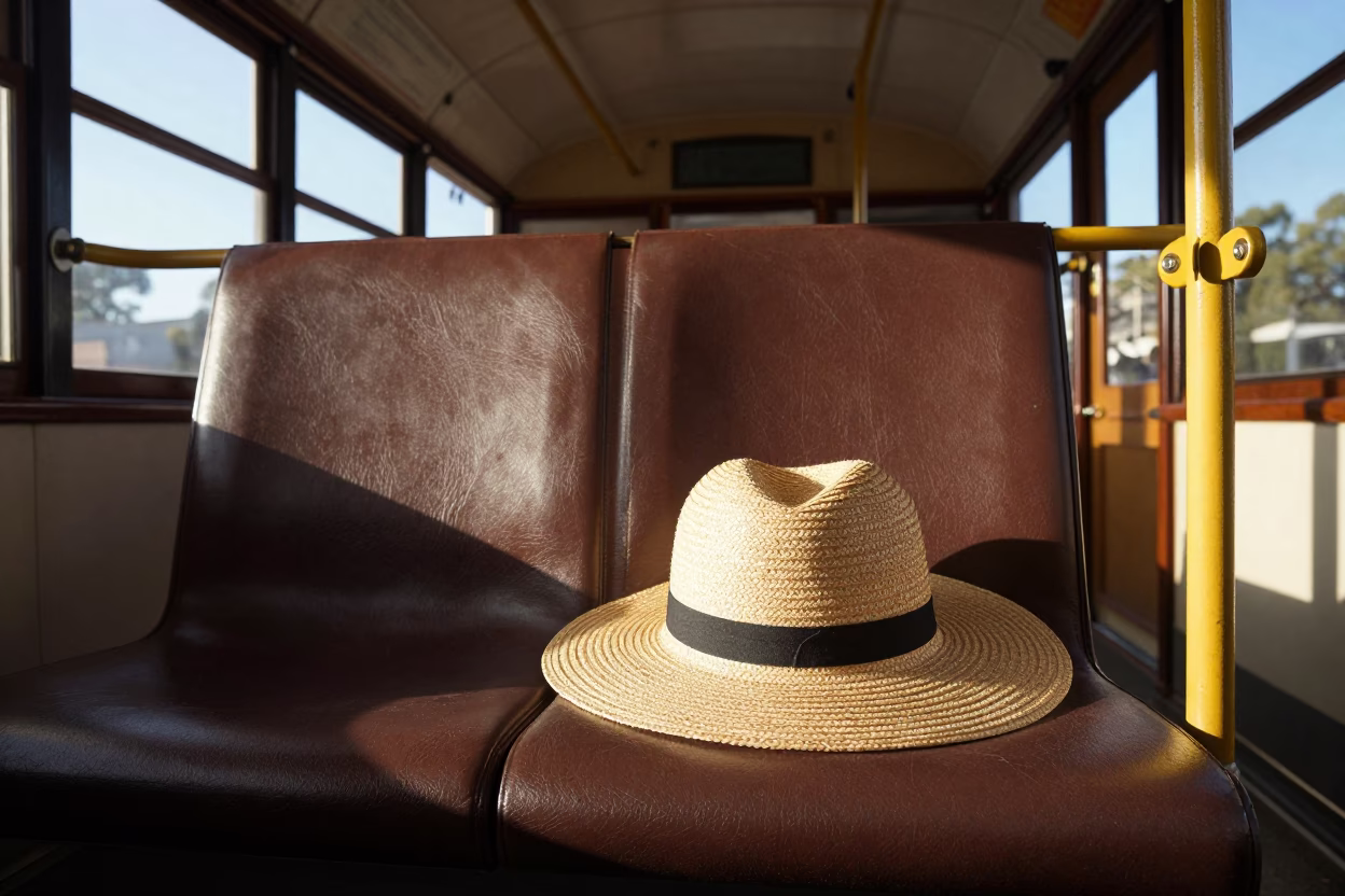 Sun Hat Resting on Melbourne Tram Seat in Late Afternoon Light in in Melbourne, Victoria, Australia