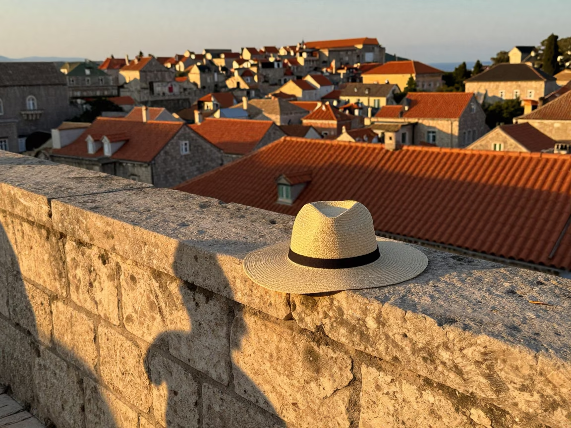 Sun Hat Resting on Stone Wall in Dubrovnik Croatia Honeyed Evening Light in in Dubrovnik, Croatia