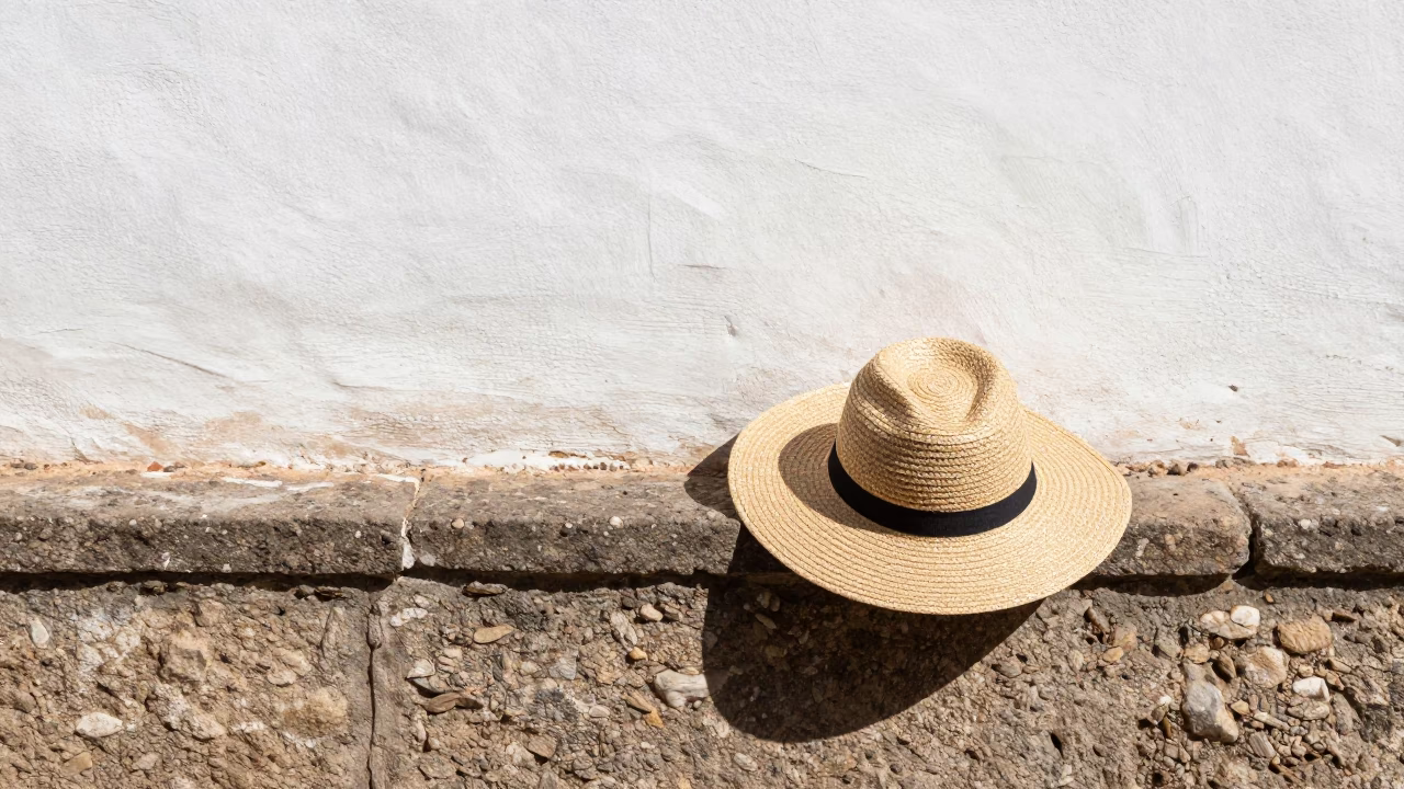 Sun Hat Resting on Stone Wall in Granada Spain Bright Midmorning Light in in Granada, Spain