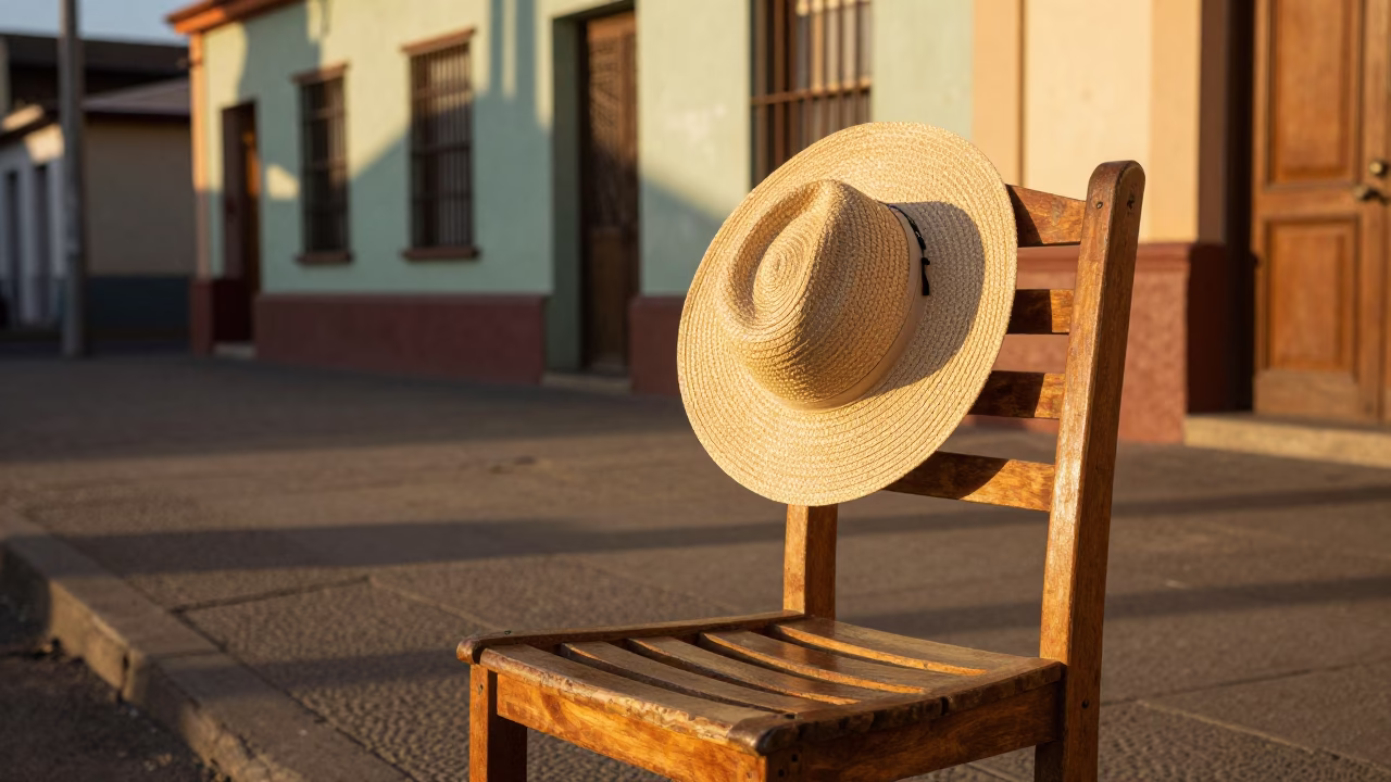 Sun Hat Resting on Wooden Chair in Valparaiso Chile During Golden Hour in in Valparaiso, Chile