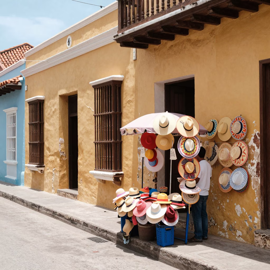 Sun Hat Vendor Display On Colorful Colonial Street In Cartagena Colombia in in Cartagena, Colombia