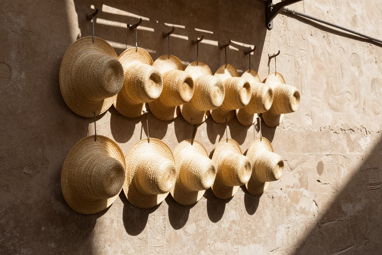 Sun Hats and Wicker Shadows in Luxor Egypt Midmorning Street Scene in in Luxor, Egypt