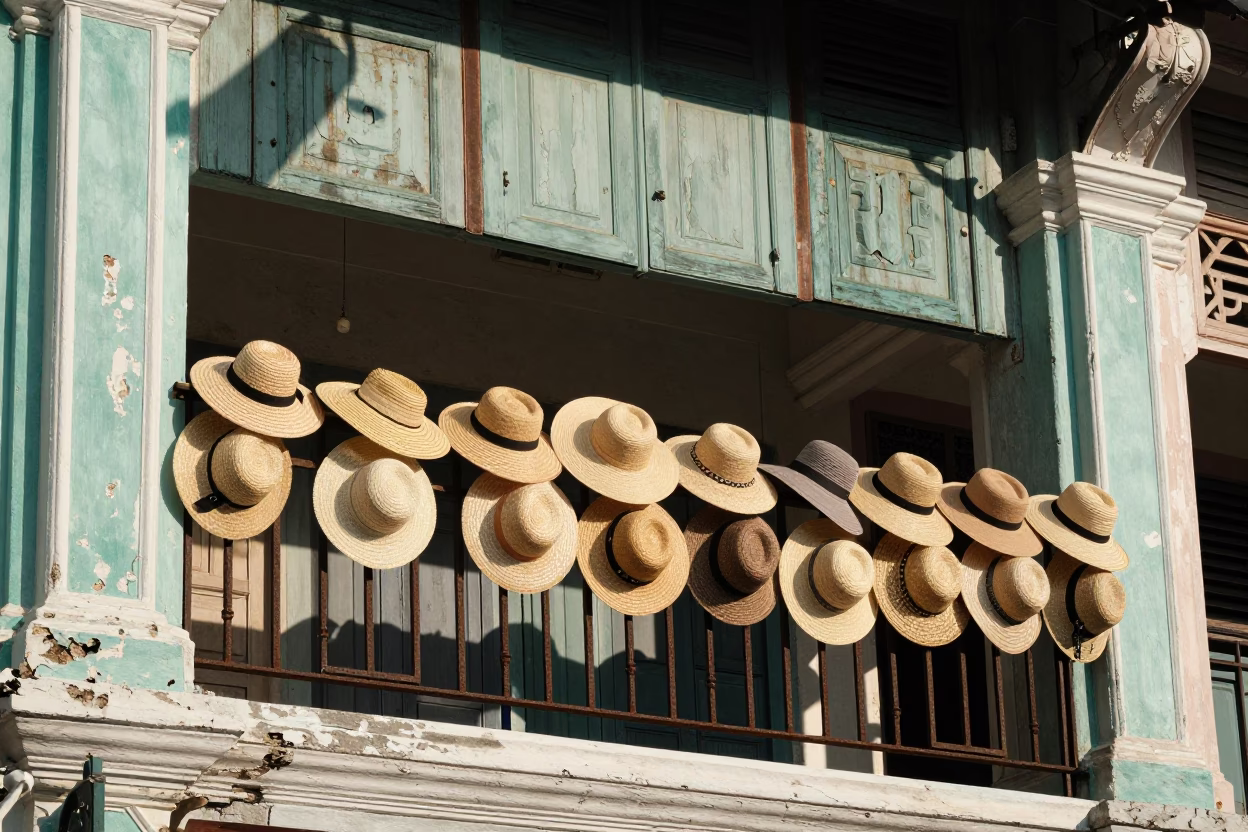 Sun Hats Hanging on Railing in George Town Malaysia Late Afternoon Light in in George Town, Malaysia
