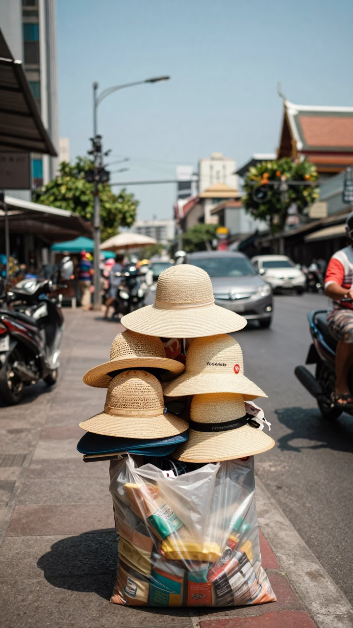 Sun Hats in Bangkok at The Flat Glare Of Noon Light in in Bangkok, Thailand
