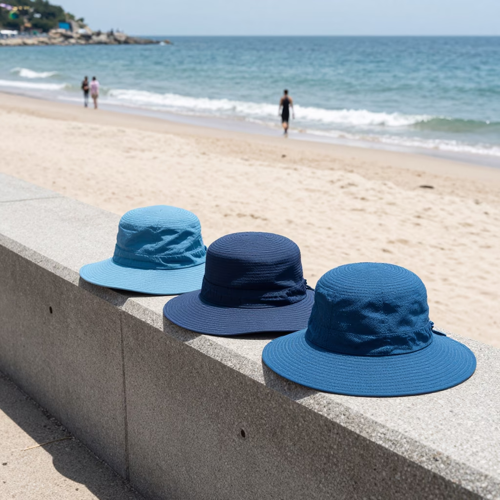 Sun Hats in Busan at The Flat Glare Of Noon Light in in Busan, South Korea