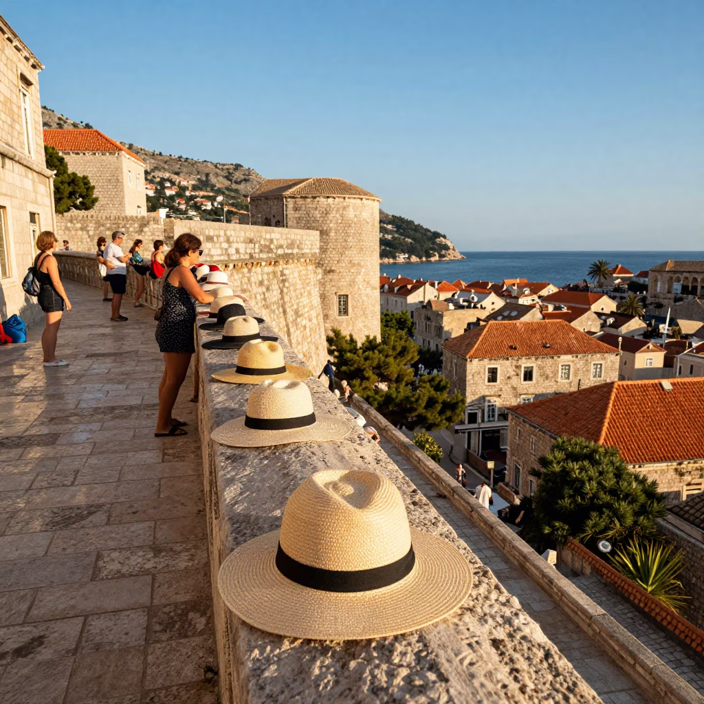 Sun hats on ancient stone walls in Dubrovnik Croatia late afternoon street scene in in Dubrovnik, Croatia