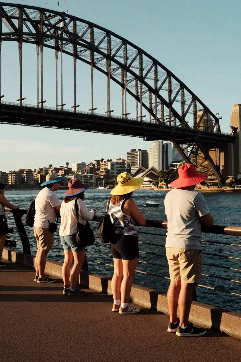 Sun Hats on Sydney Harbour Bridge Pedestrian Walkway in Golden Evening Light in in Sydney, New South Wales, Australia
