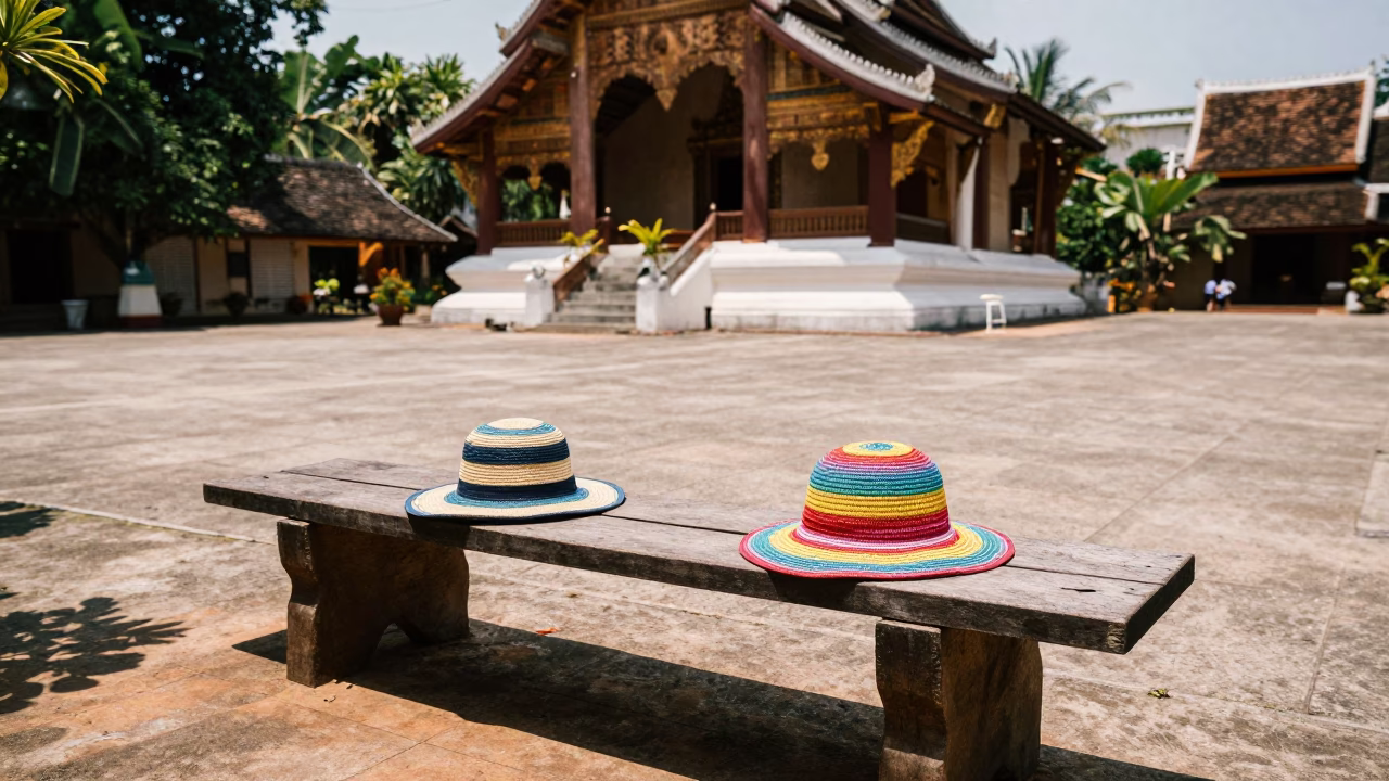 Sun Hats on Wooden Bench Outside Temple in Luang Prabang Laos Midday in in Luang Prabang, Laos