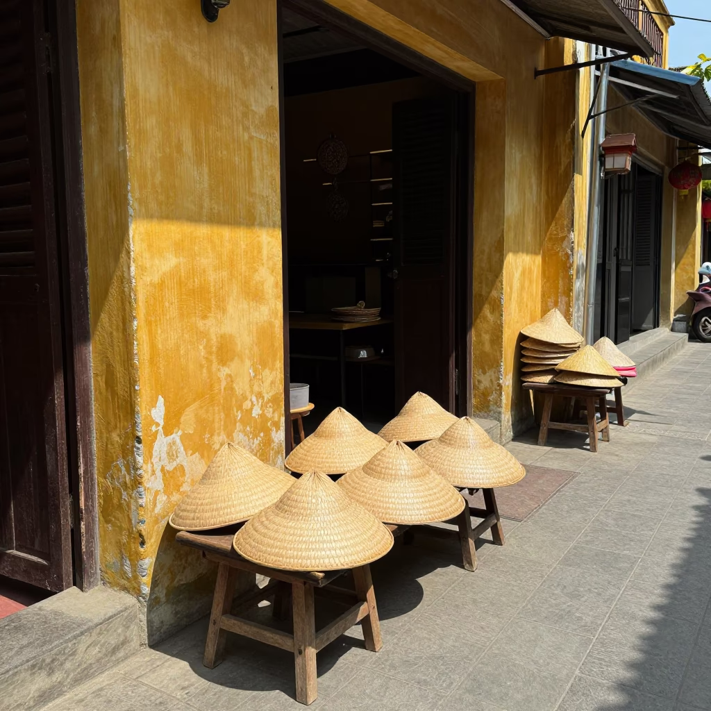 Sun hats resting on a wooden stool in Hoi An Vietnam midday street scene in in Hoi An, Vietnam