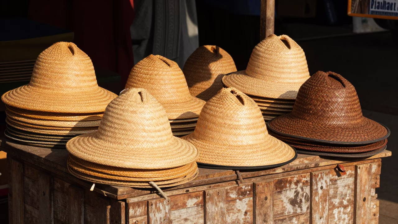Sun hats resting on wooden stall in Phnom Penh Cambodia late afternoon light in in Phnom Penh, Cambodia