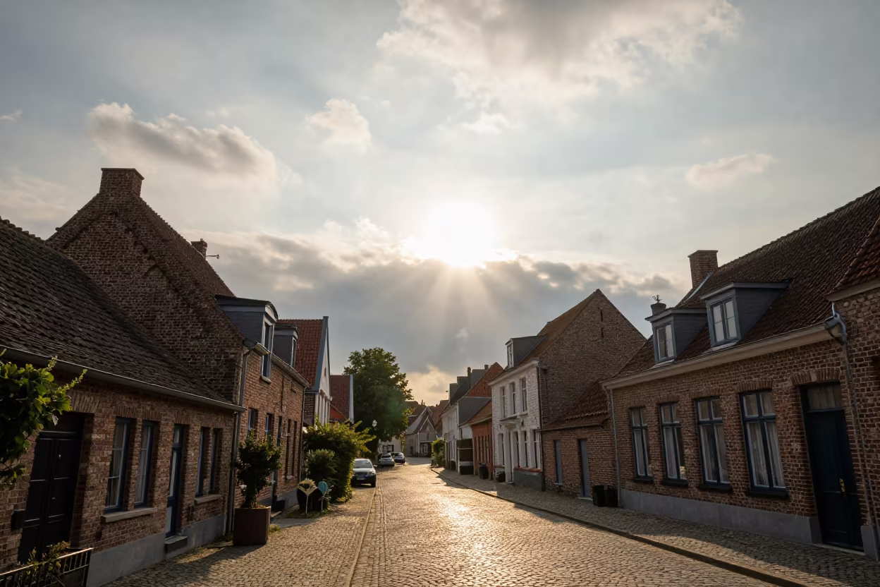 Sun Pillar Beam Over Liège Village in Heat Haze in beneath fast-moving cloud bands near Liège