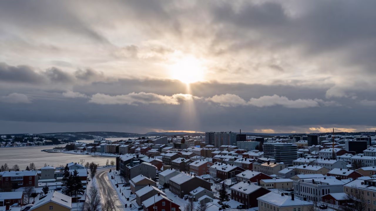 Sun Pillar Over Frozen Stockholm at Midnight Sun in over a horizon of stacked thunderheads near Stockholm