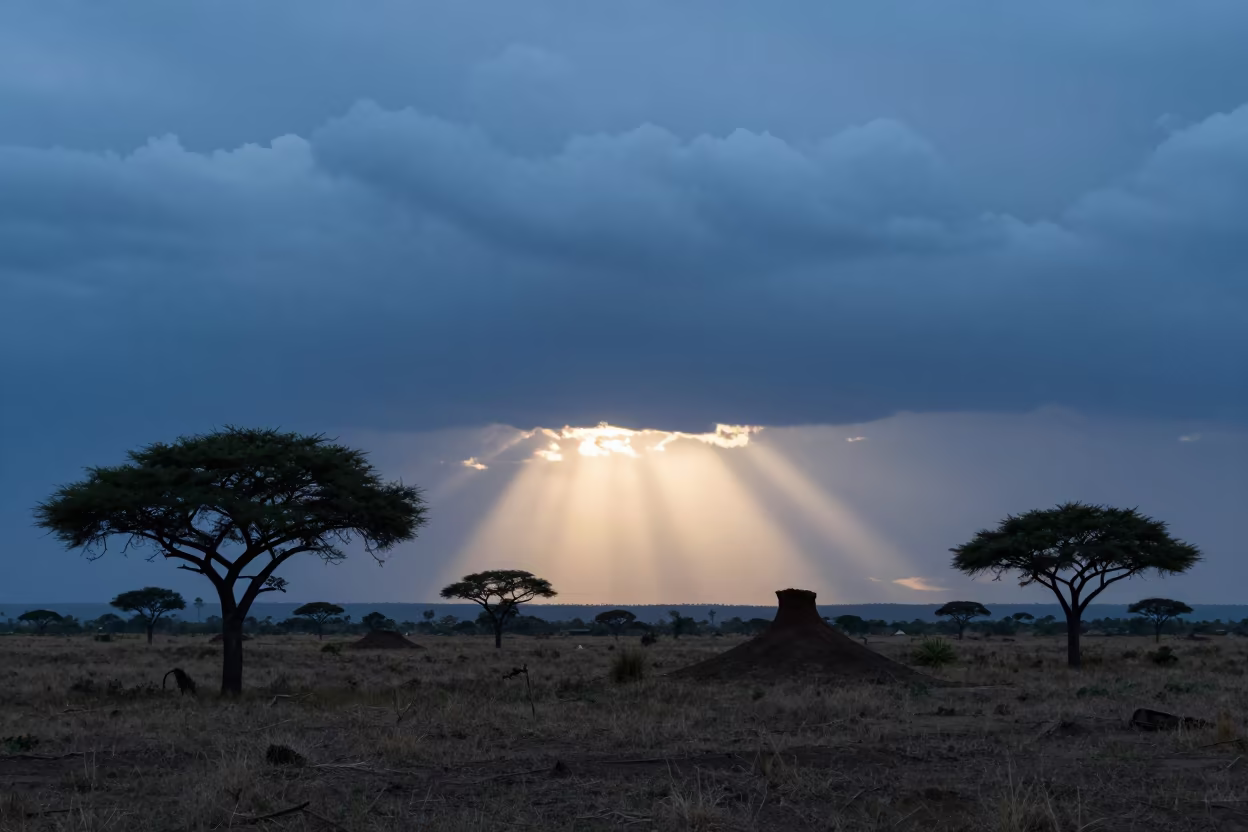 Sun Rays Break Through Storm Clouds After Sunset in near Mbuji-Mayi