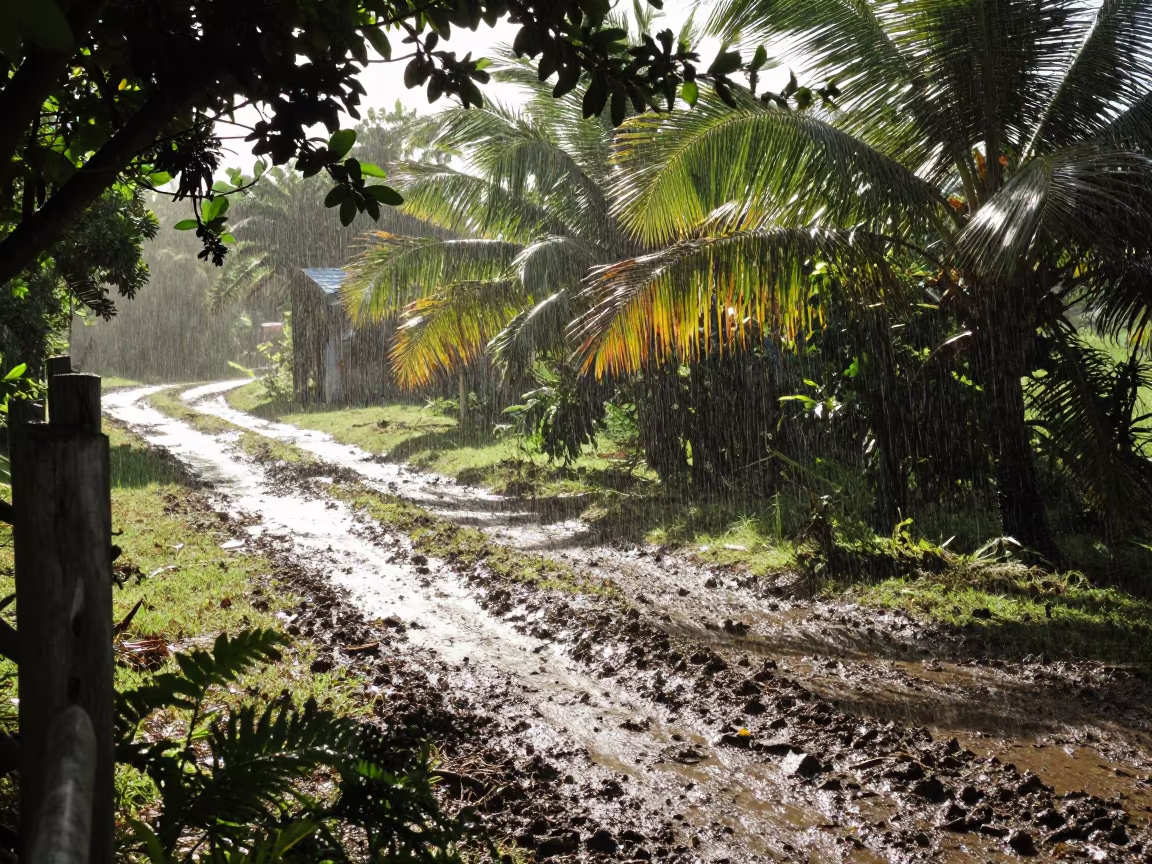 Sun Shower Over Barbados Farm Lane in across a storm-bright plain in Barbados