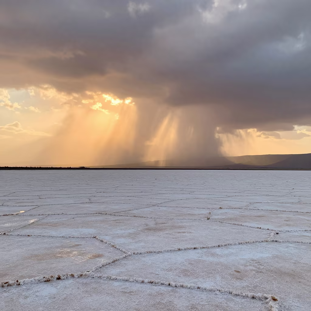 Sun Shower Over Canary Islands Salt Flat Sunset in in the Canary Islands
