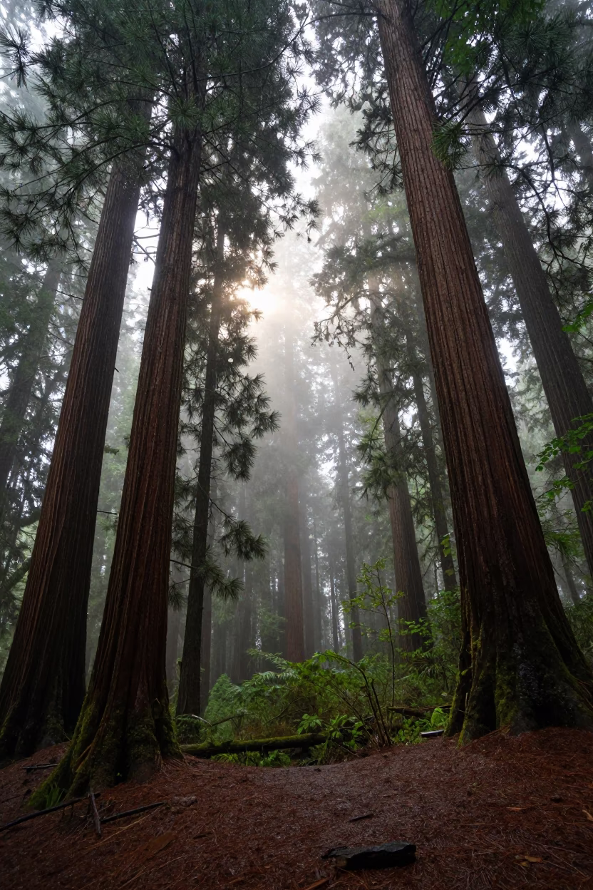 Sun Shower Shafts Through Redwood Fog in through low marine fog near Kano