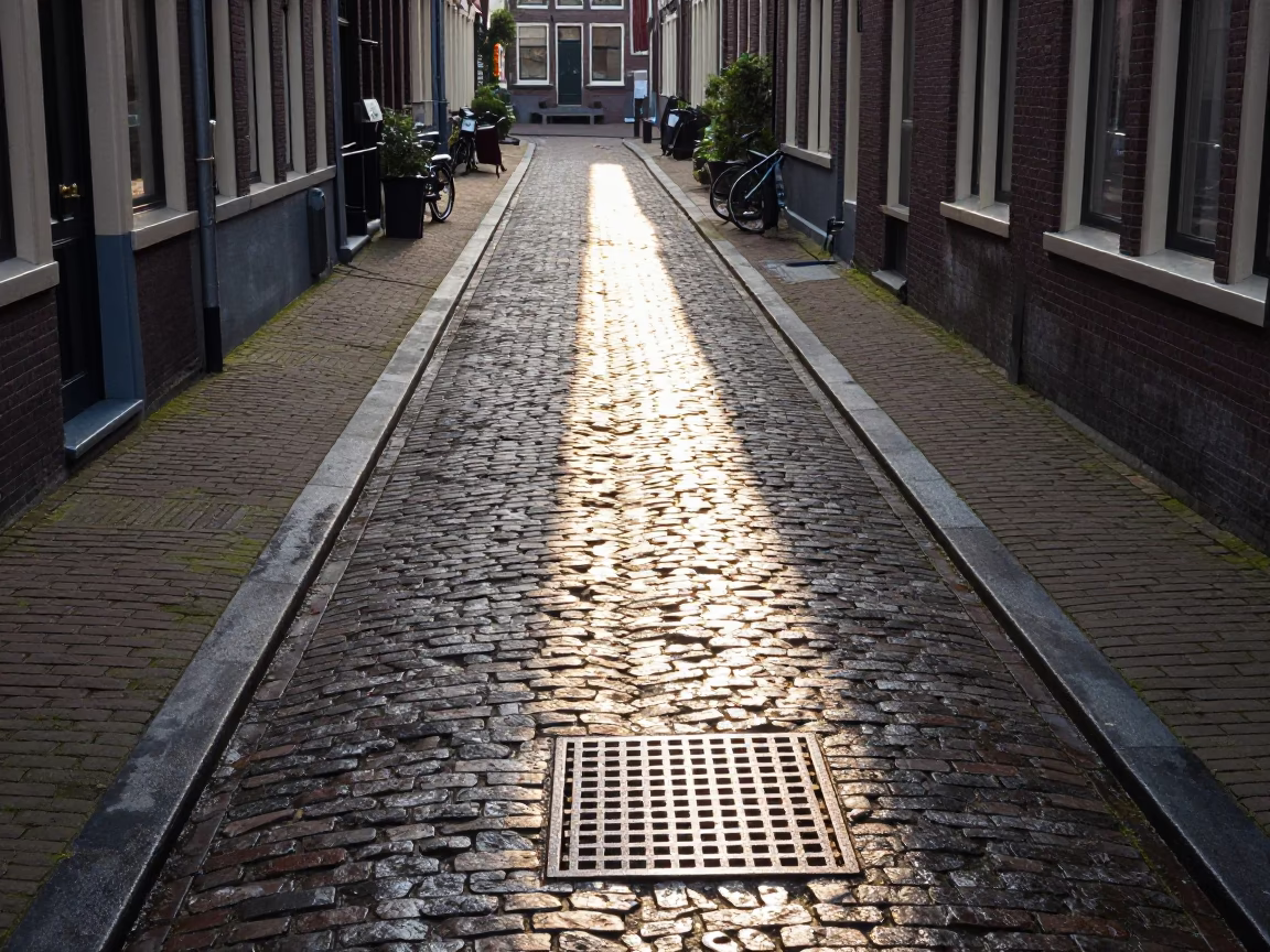 Sun stripe across drain in Amsterdam canal house alleyway late morning in in Amsterdam, Netherlands