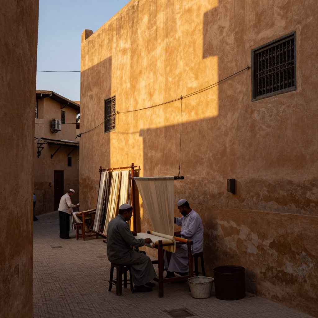 Sun stripe across plaster wall in Fez Morocco honeyed evening light in in Fez, Morocco