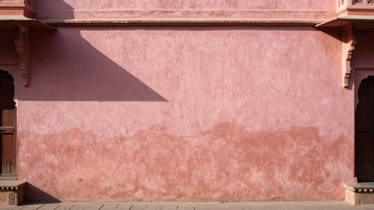 Sun stripe across plaster wall in Jaipur India early afternoon street scene in in Jaipur, India