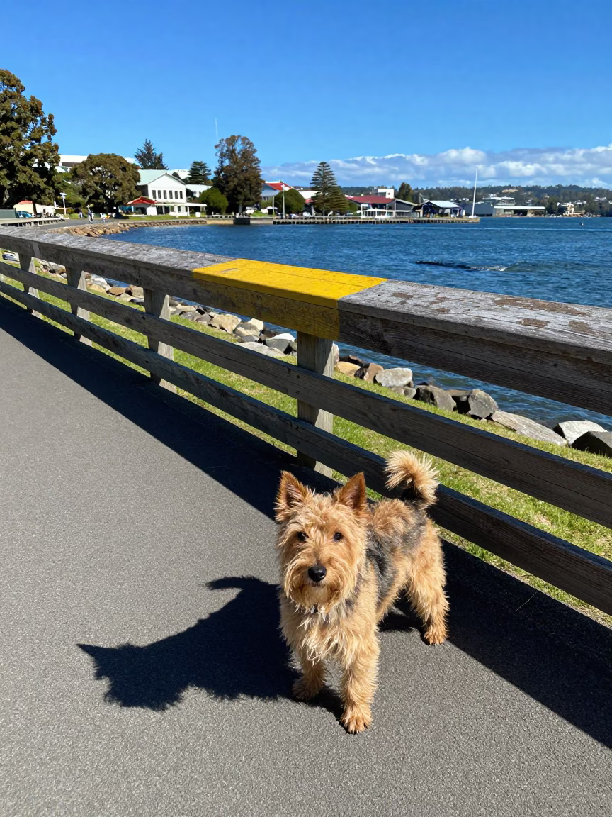 Sun stripe across rail at Hobart waterfront midday with Cairn Terrier and river view in in Hobart, Tasmania, Australia