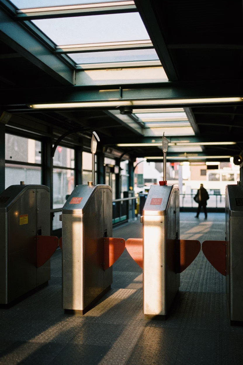 Sun stripe across rail at Montreal Metro station early afternoon 1970s in in Montreal, Quebec, Canada