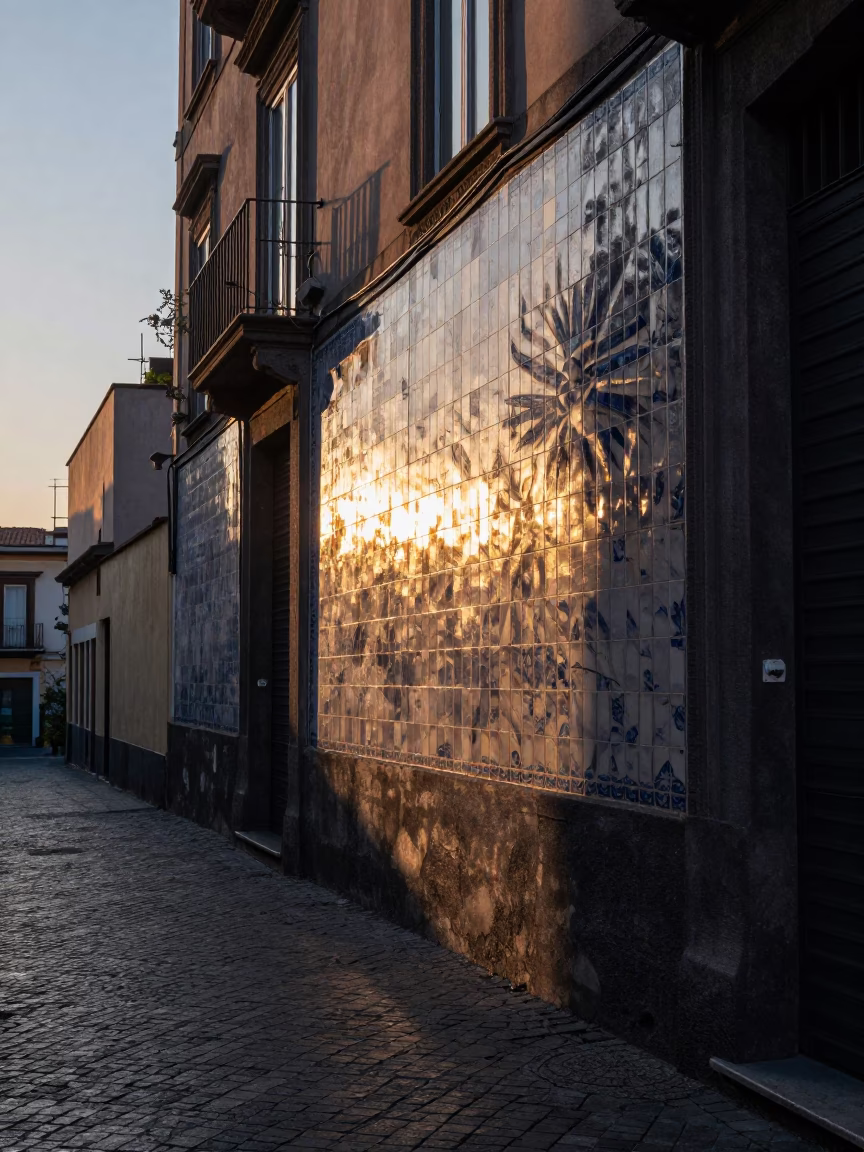 Sun stripe across tile in Naples Italy first light dawn street scene in in Naples, Italy