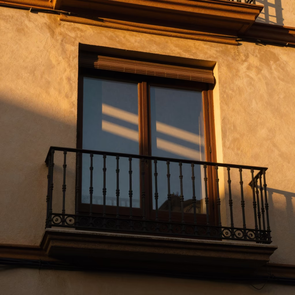 Sun Stripe Across Window Glass in Valencia Spain Honeyed Evening Light in in Valencia, Spain