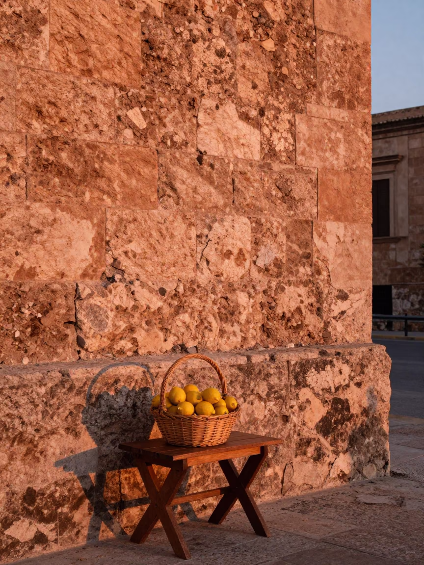 Sun-warmed stone wall and fruit basket in Palermo Italy before dusk in in Palermo, Italy
