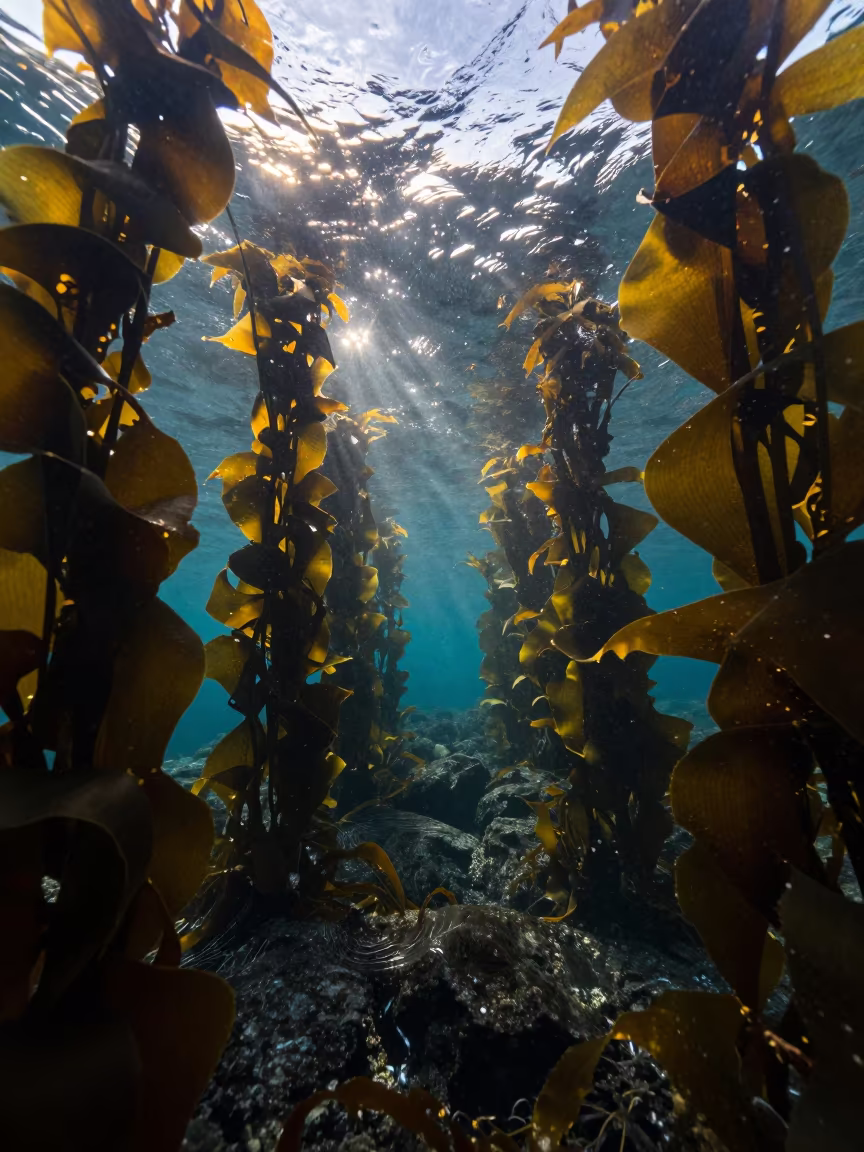 Sunbeam Through Icelandic Kelp Underwater Caustics in beside a tide-cut rock ledge under clear water in Iceland