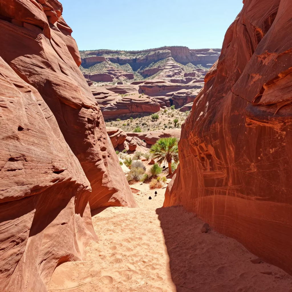 Sunbeam in New Mexico Slot Canyon in from a ridge above layered foothills in New Mexico
