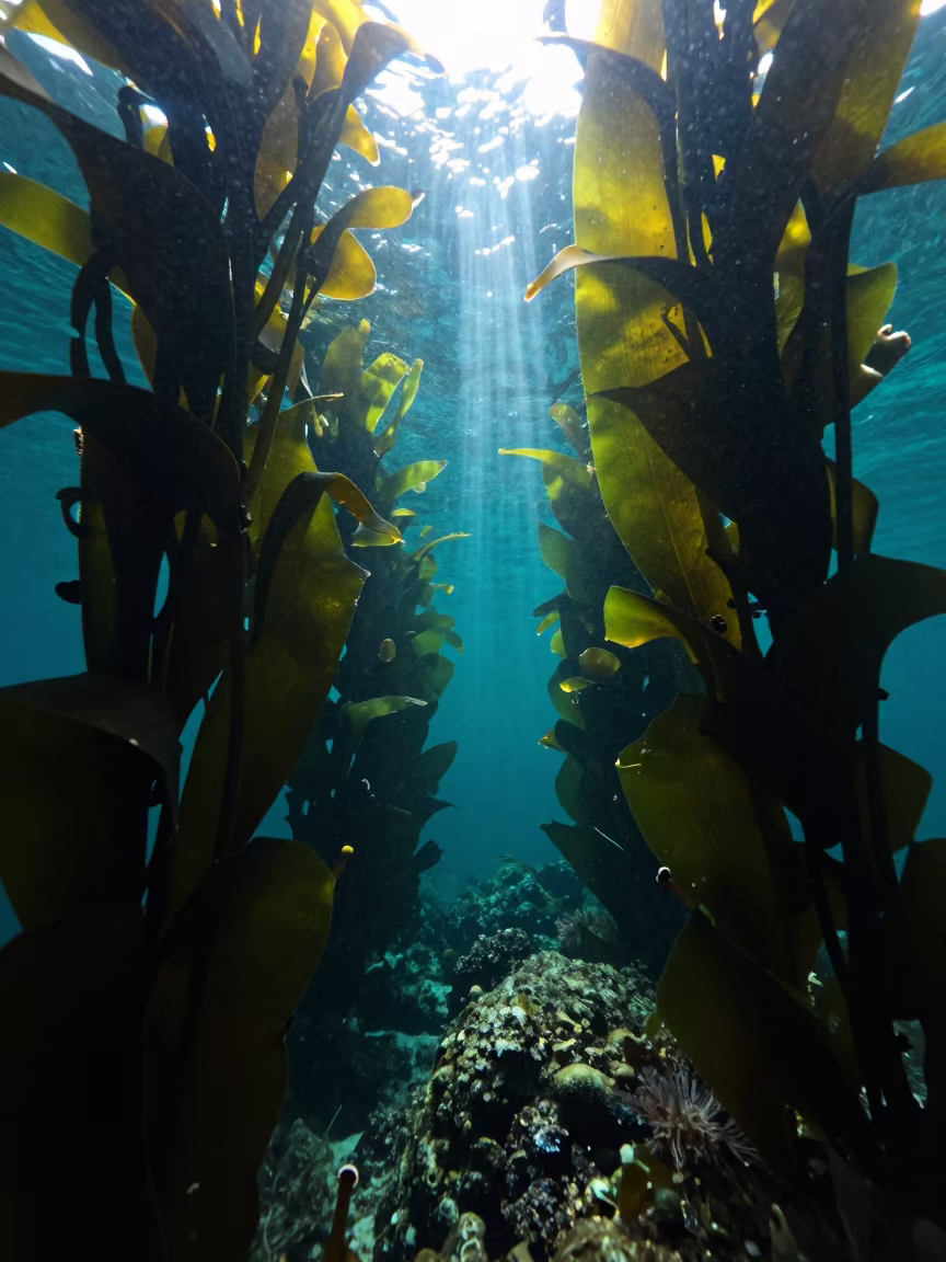 Sunbeam Through Kelp Forest Underwater in beside a tide-cut rock ledge under clear water in Crawford Market, Mumbai