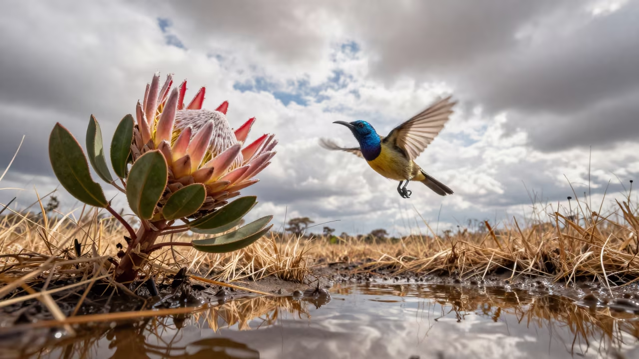 Sunbird Hovering Near Protea Flower in Jimma in near Jimma