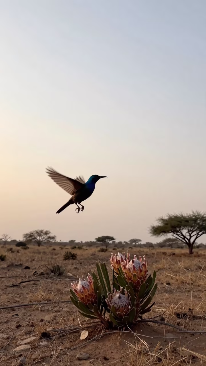 Sunbird Silhouette on Dry Ridge Protea in on a wind-scoured ridge in Niger