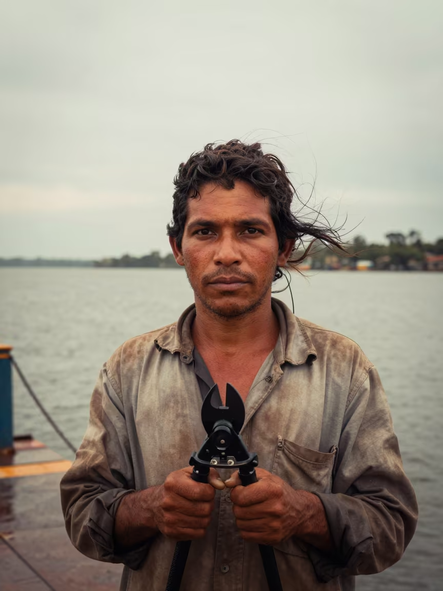 Sunburned Telegraph Worker at Harbor Edge in at a harbor edge in Campo Grande