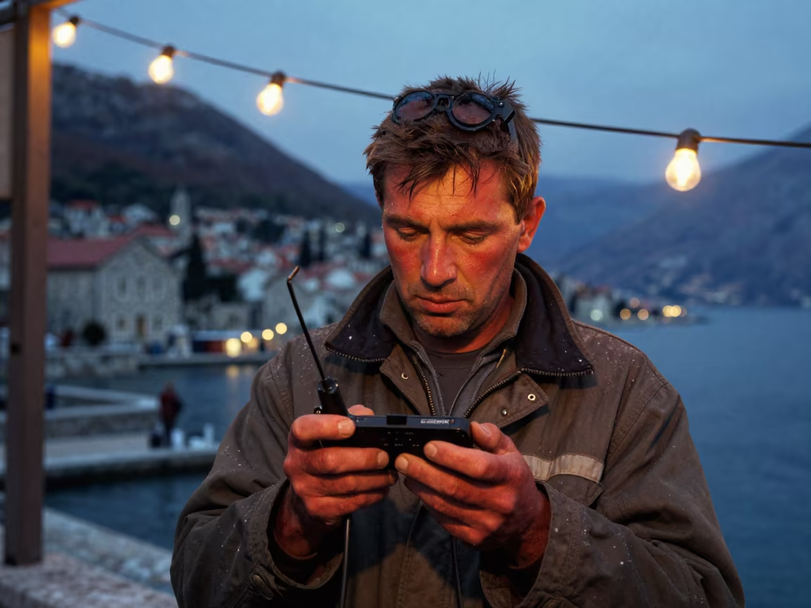 Sunburned Telegraph Worker in Kotor Winter Lights in in Kotor