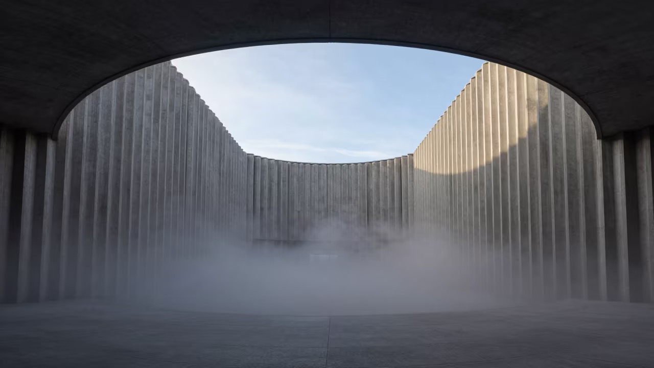 Sunderland concrete lobby fog surreal architecture in inside a ribbed concrete lobby in Sunderland